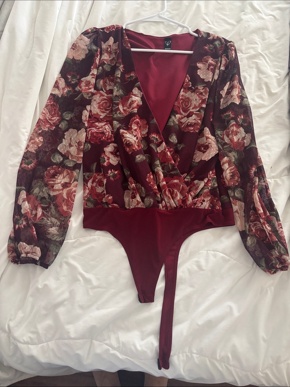 Windsor Burgundy Floral Wrap Long-Sleeve Bodysuit